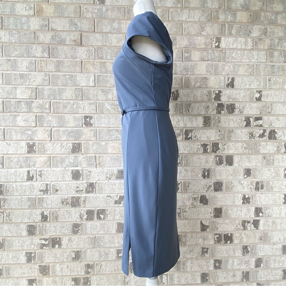 Express Blue Stretch Crepe Belted Cap Sleeve Dress - Picture 6 of 14